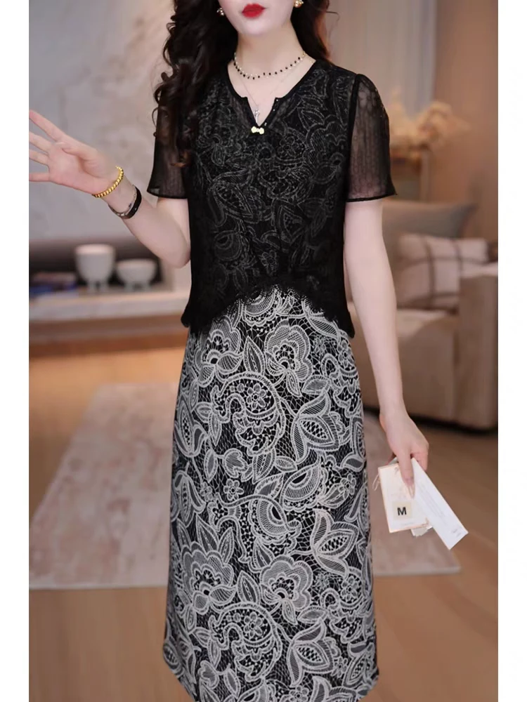 高档短袖连衣裙假两件气质夏装女士洋气遮肚显瘦女式夏季宽松裙子