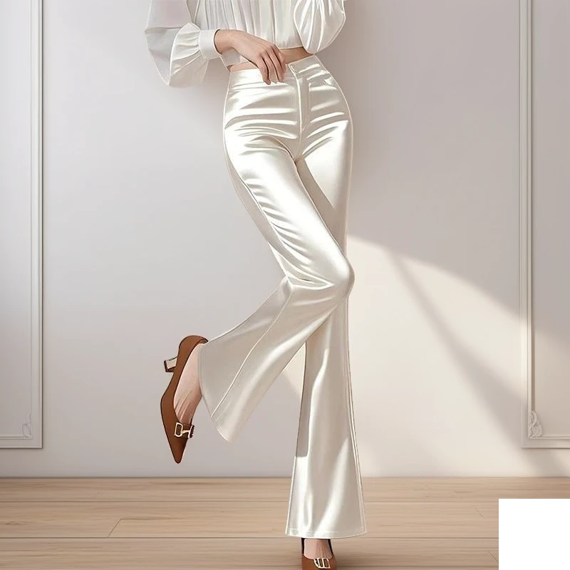 白色垂感高腰直筒裤女夏日休闲凉爽微喇窄版缎面裤子2025流行新款