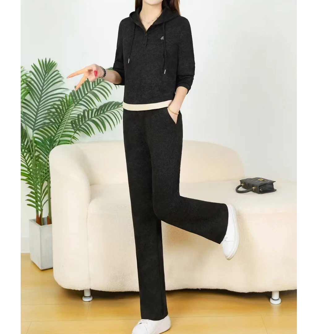 8815款慵懒运动套装女春装搭配一整套假两件卫衣直筒裤休闲两件套