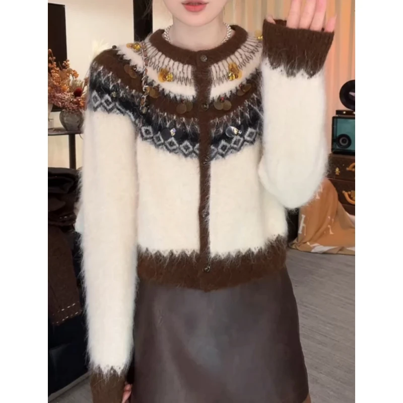 费尔岛圆领长袖针织开衫女2025秋冬新款时尚独特复古设计感上衣潮