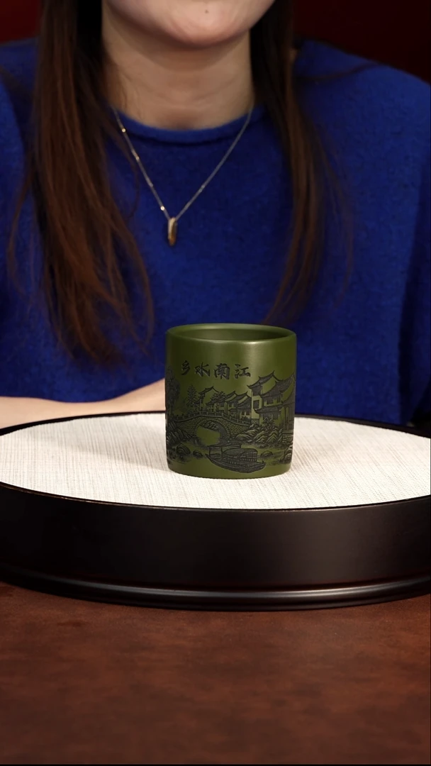 紫砂茶案宜兴紫砂 直筒杯江南水乡雕刻 民国绿泥