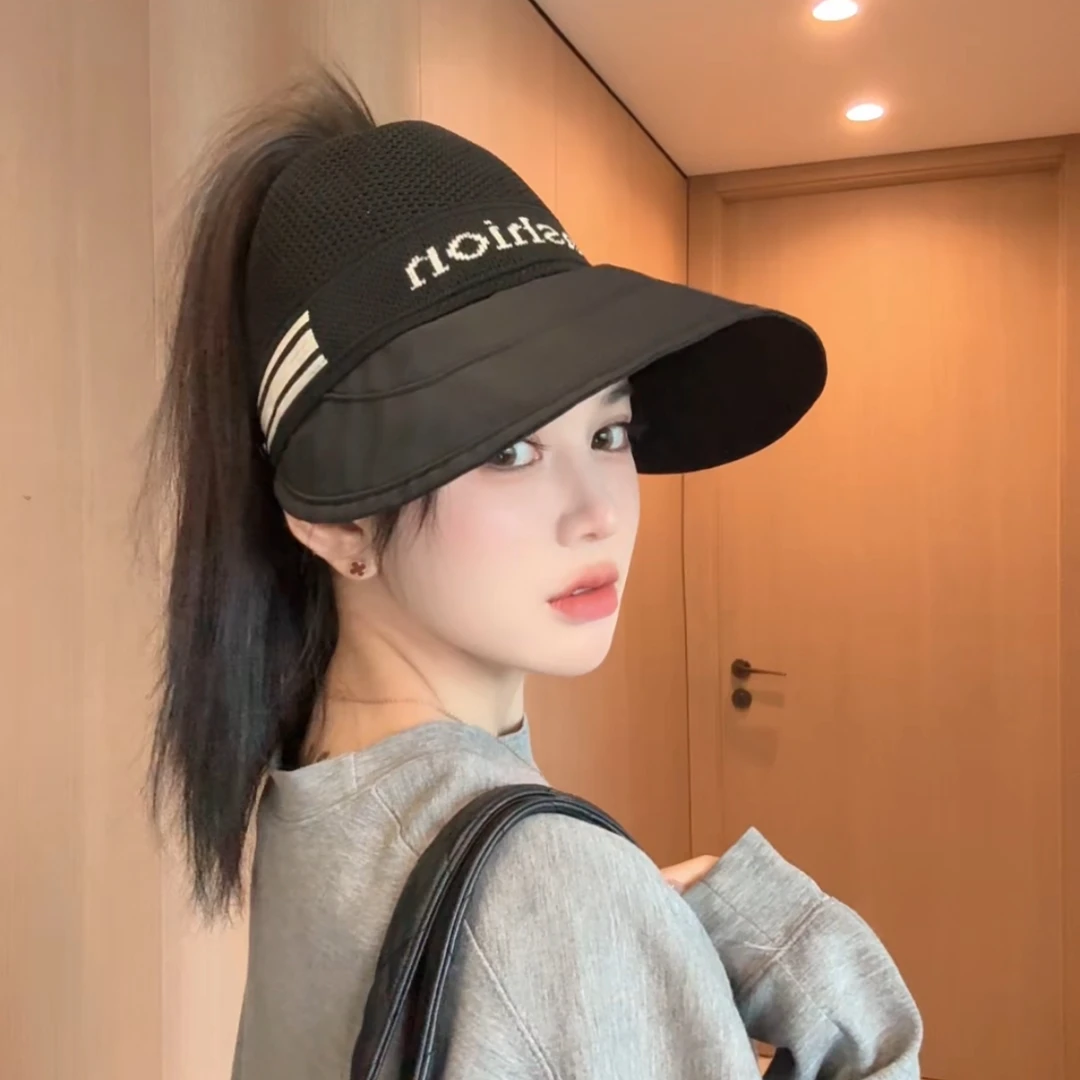 空顶可扎马尾丸子头防晒帽防护大帽檐透气遮阳防紫外线春日防晒帽