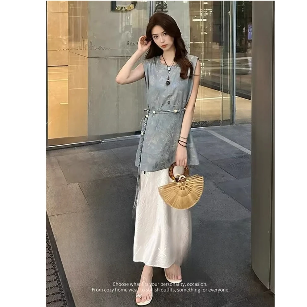 拉夏贝尔时尚套装女夏季洋气显瘦新中式背心上衣半身裙气质两件套