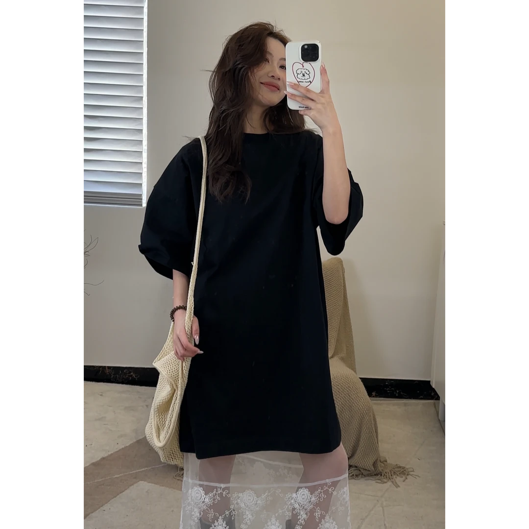 逸语2025春季新款韩系时髦精短袖T恤女中长款T恤裙连衣裙