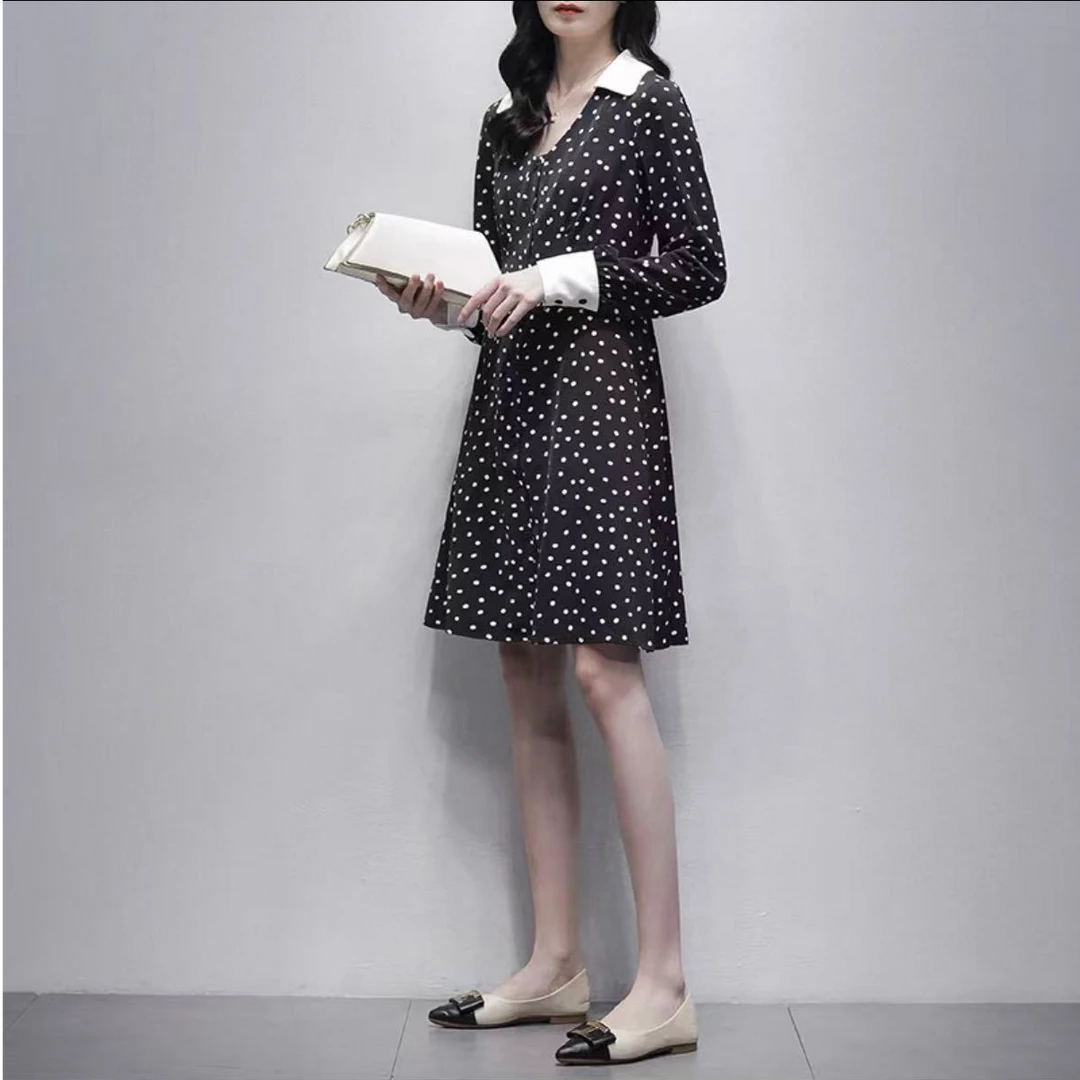 【TD】波点连衣裙女2025春季新款韩版v领长袖气质中长款裙子1160