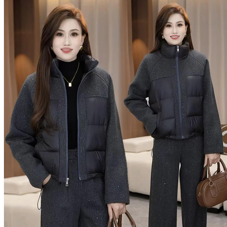 精细做工女2025秋冬新款亮闪闪毛呢拼接棉服外套直筒阔腿裤两件套