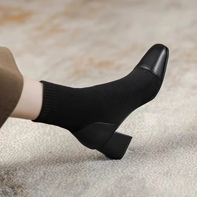 2025秋冬瘦瘦袜靴高跟短靴女单靴方头粗跟真皮显瘦毛线弹力马丁靴