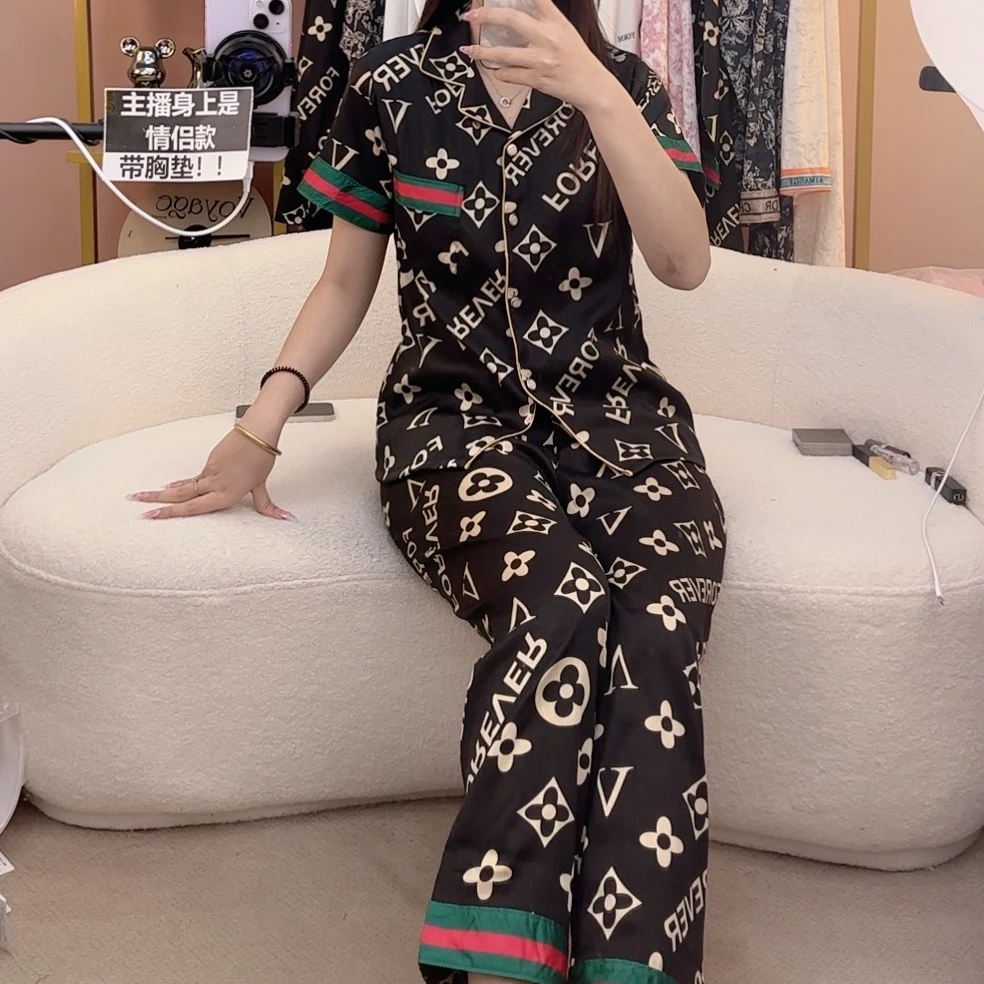 主播身上款【带胸垫】黑色老花睡衣女短袖短裤长裤冰雪丝高端家居服