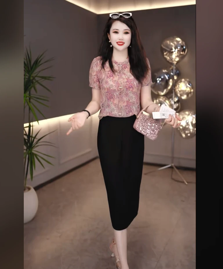 勇华玥裳新中式锦丝皱连衣裙女2025夏季新款显瘦减龄假两件裙子