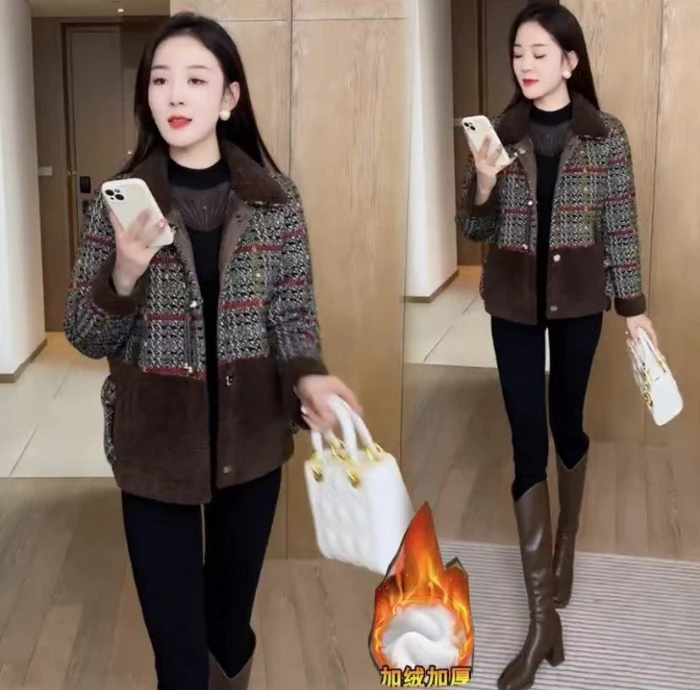 A冬季新款加绒加厚百搭短款拼接呢子大衣6672#