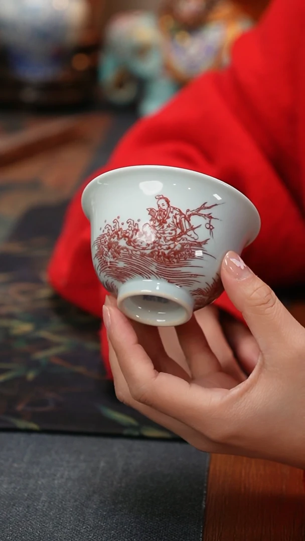 【闪购商品】贵红窑釉里红仙人乘槎图元宝杯