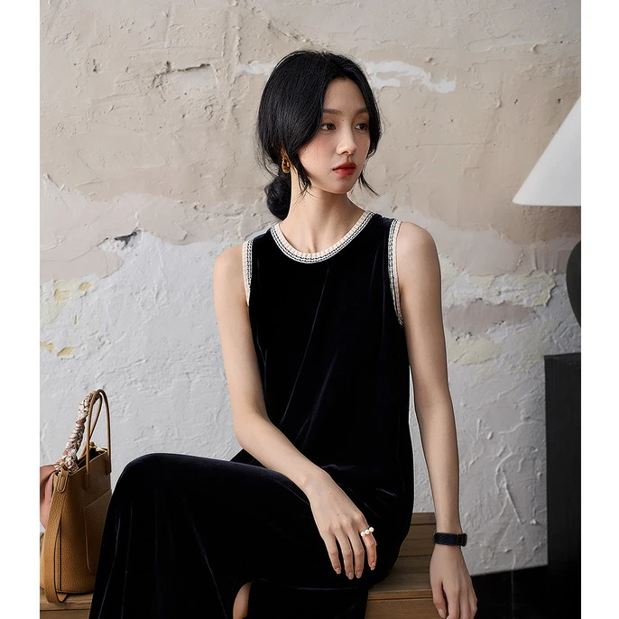 笑涵阁 灵动雅韵感知丝绒魅力复古背心裙/吊带裙套装SQD685308MG