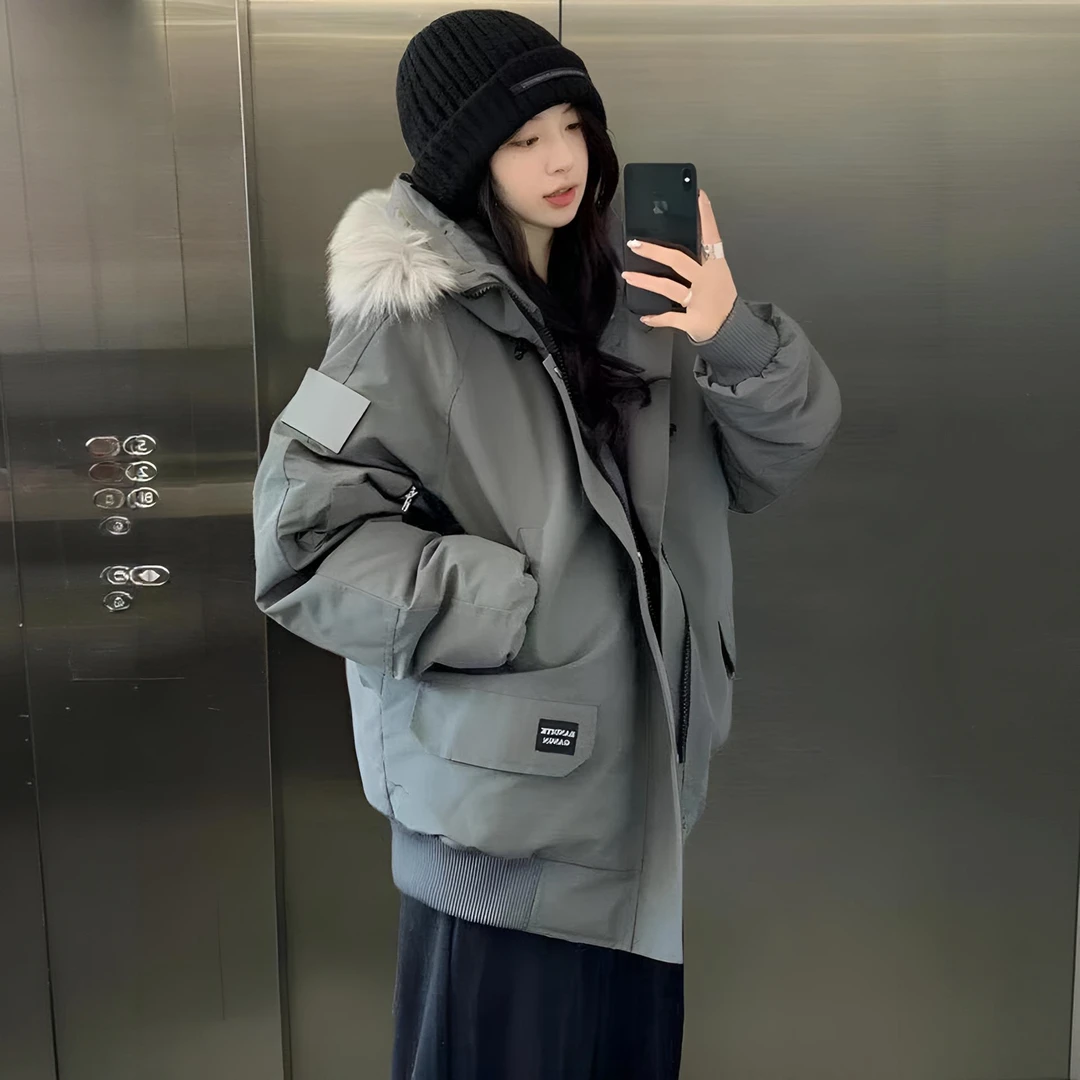韩系情侣棉服大毛领时尚2025冬季新款女加厚高级感美式复古派克服