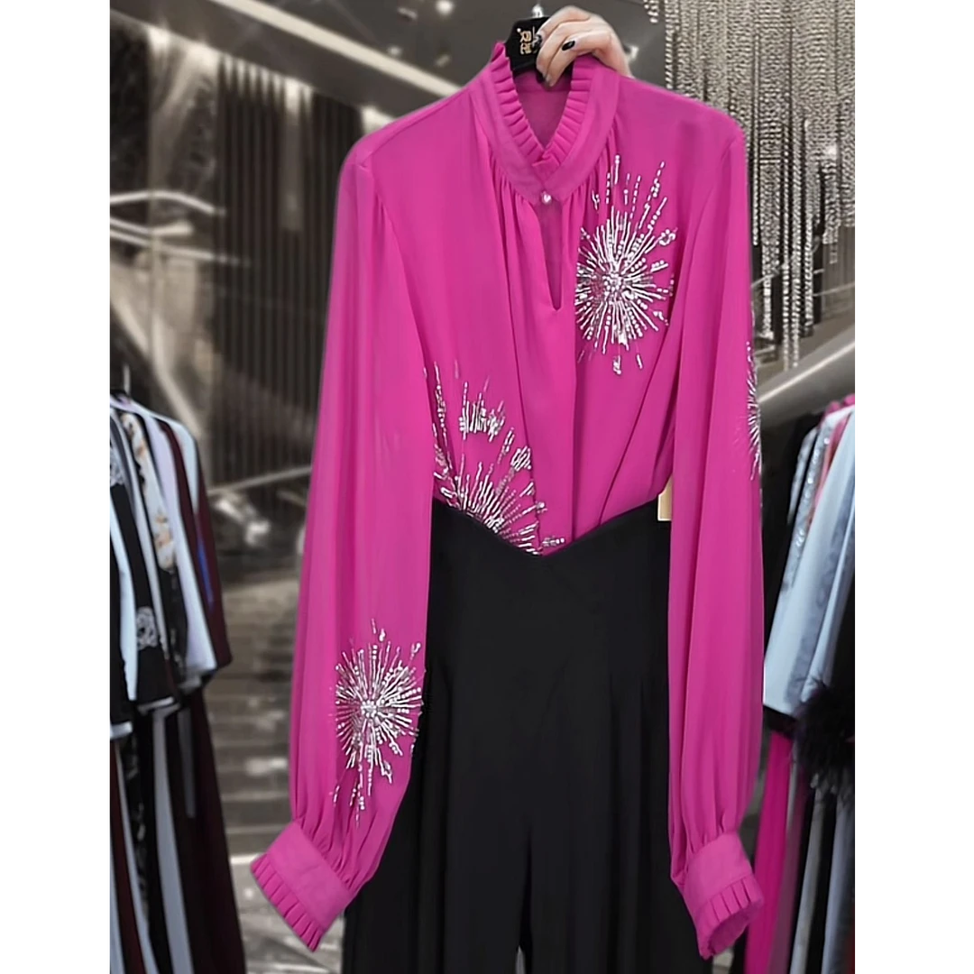 644/玫红设计师款高档重工订珠时尚气质衬衫/欧盼全品