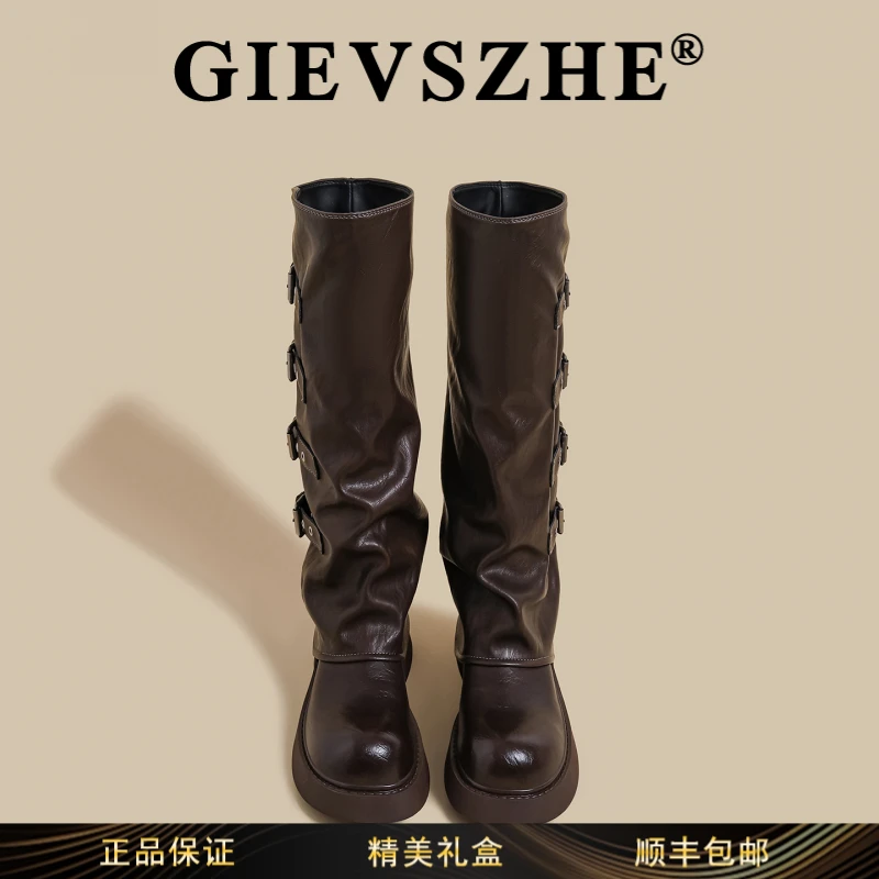 纪诗哲粗跟长靴骑士时装靴气质独特英伦中筒过膝长筒系带时尚女靴