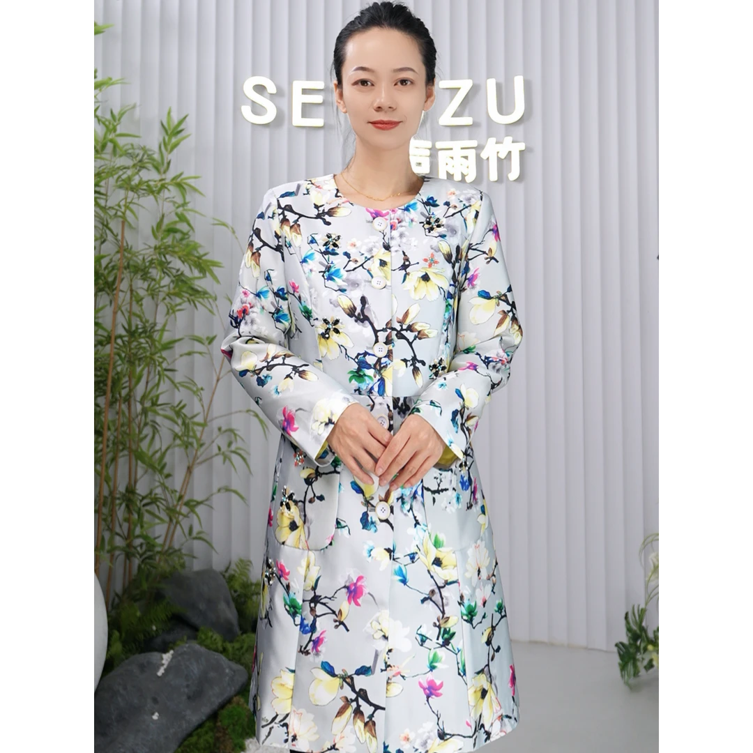 Shengyuzhu/声雨竹轻职风印花中腰系扣休闲夏季长款花色外套