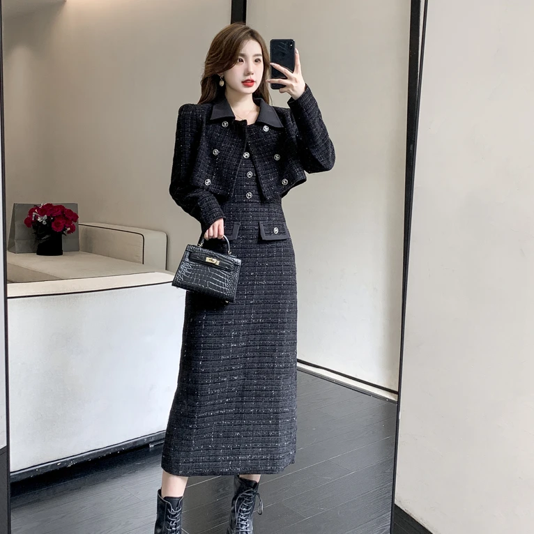 【微悦】大码女装秋冬新款设计感小香风套装女轻奢气质收腰两件套