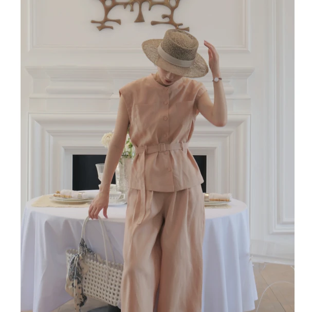 JX【巴赫小调】4.0新中式夏季新款女装极简老钱亚麻套装