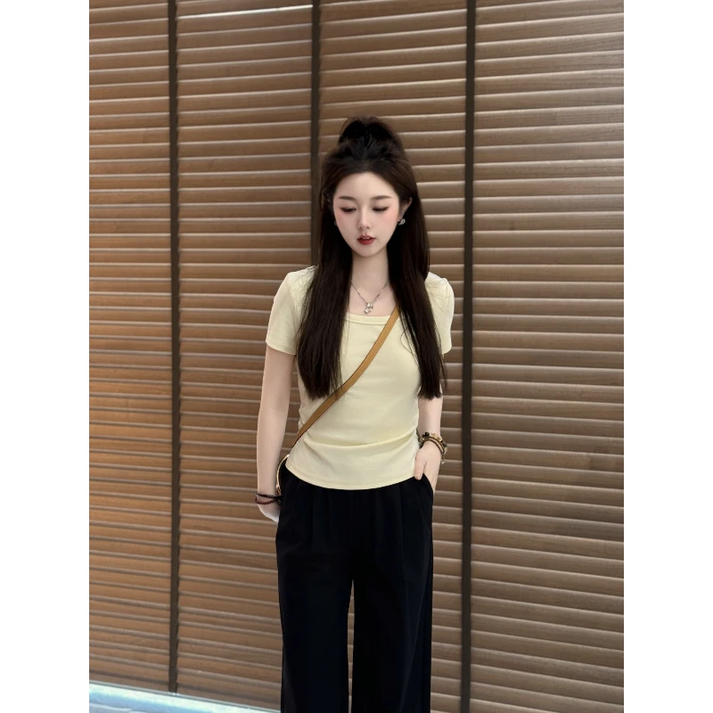 宿慕SUMU 女装纯色褶皱短袖T恤 5-27夏季2025新品百搭上衣1181