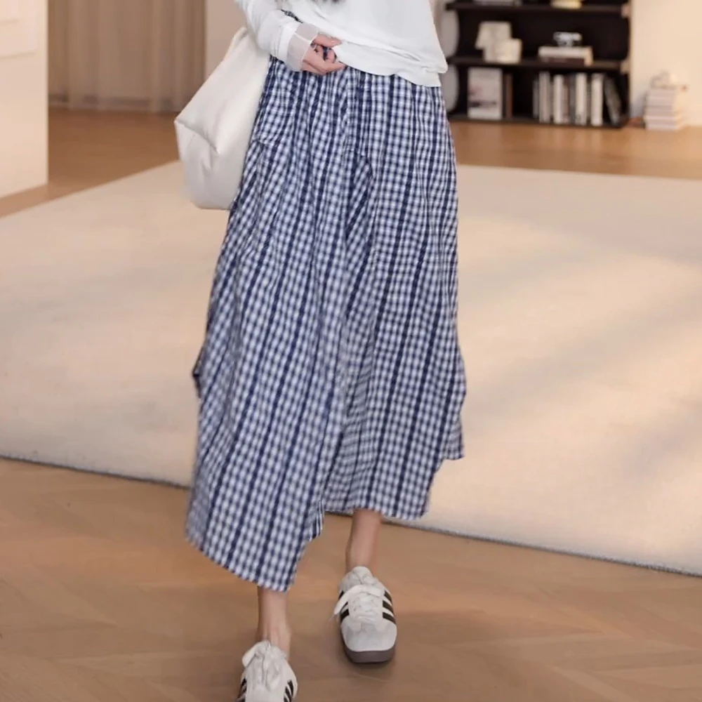 【山间经纬】显瘦气质松紧腰蕾丝不规则格子半身裙中长裙长裙裙子