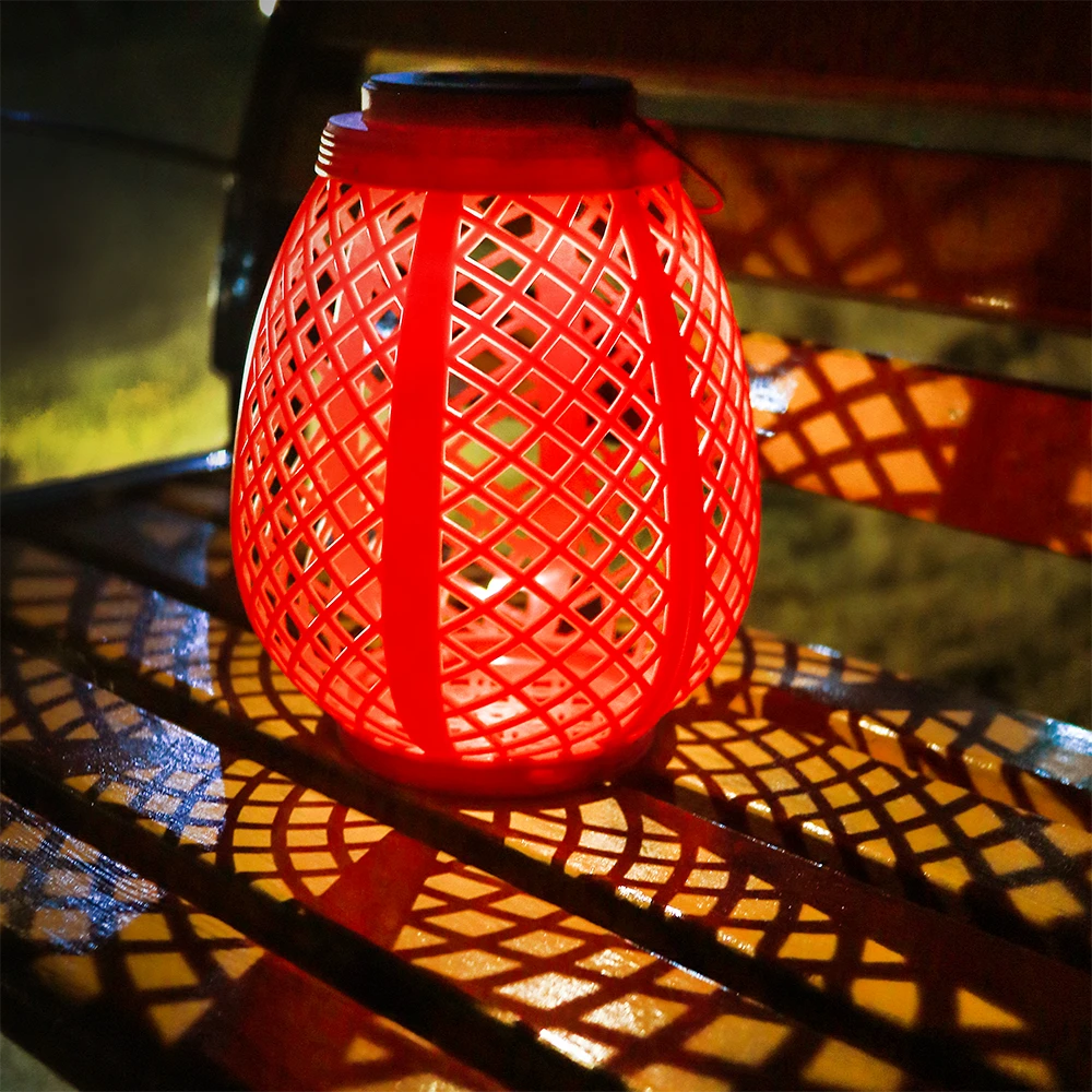 春节太阳能红灯笼仿竹编庭院中式氛围灯户外防水提灯壁挂灯