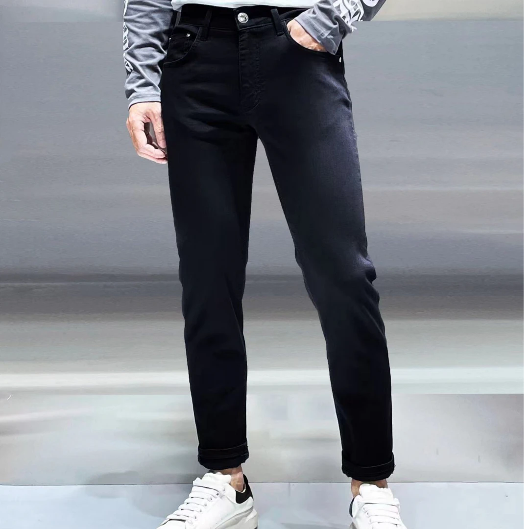 高端夏款纯黑色修身小直筒牛仔裤