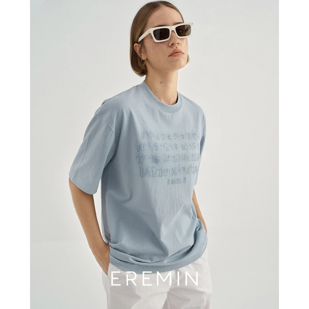 DE Mincollection数字T/反向缝线阴影字母水洗棉宽松休闲T恤55422