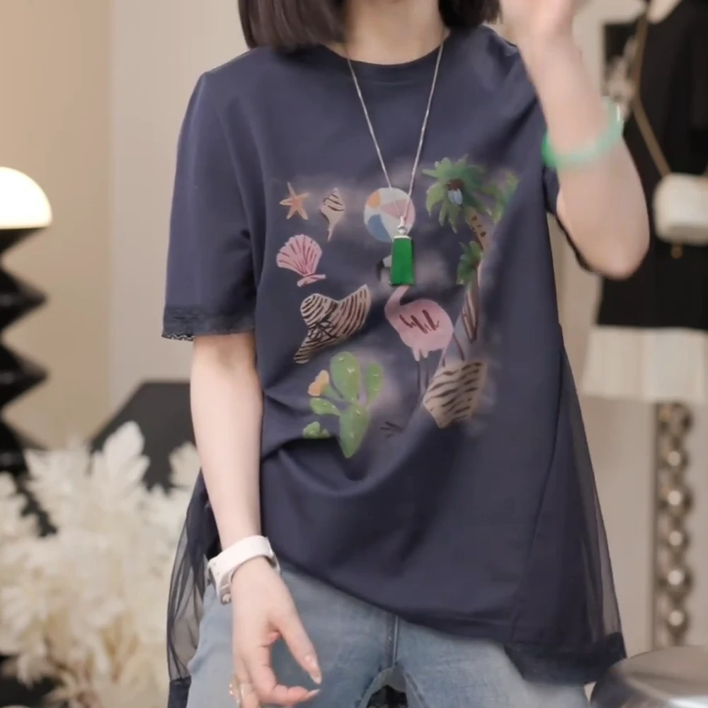 夏日出游速绘火烈鸟拼蕾丝休闲短袖上衣