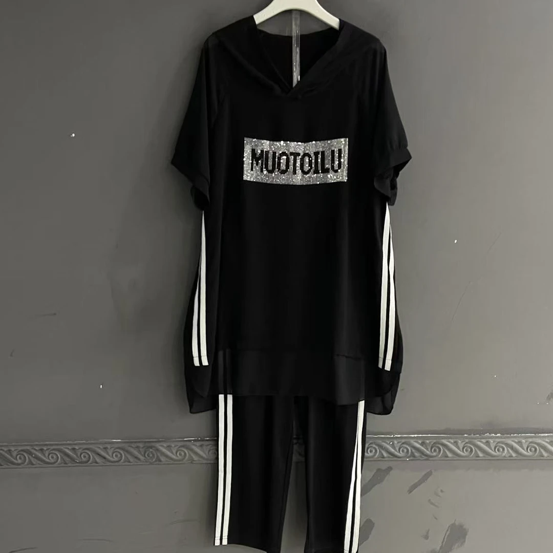 大码女装时尚两件套套装夏季显瘦黑色休闲