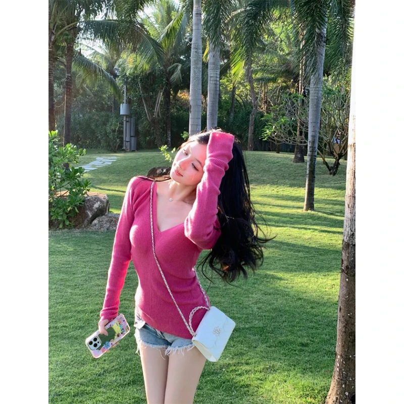 休闲风针织长袖上衣女简约时尚辣妹高腰韩版显瘦直筒百搭牛仔短裤