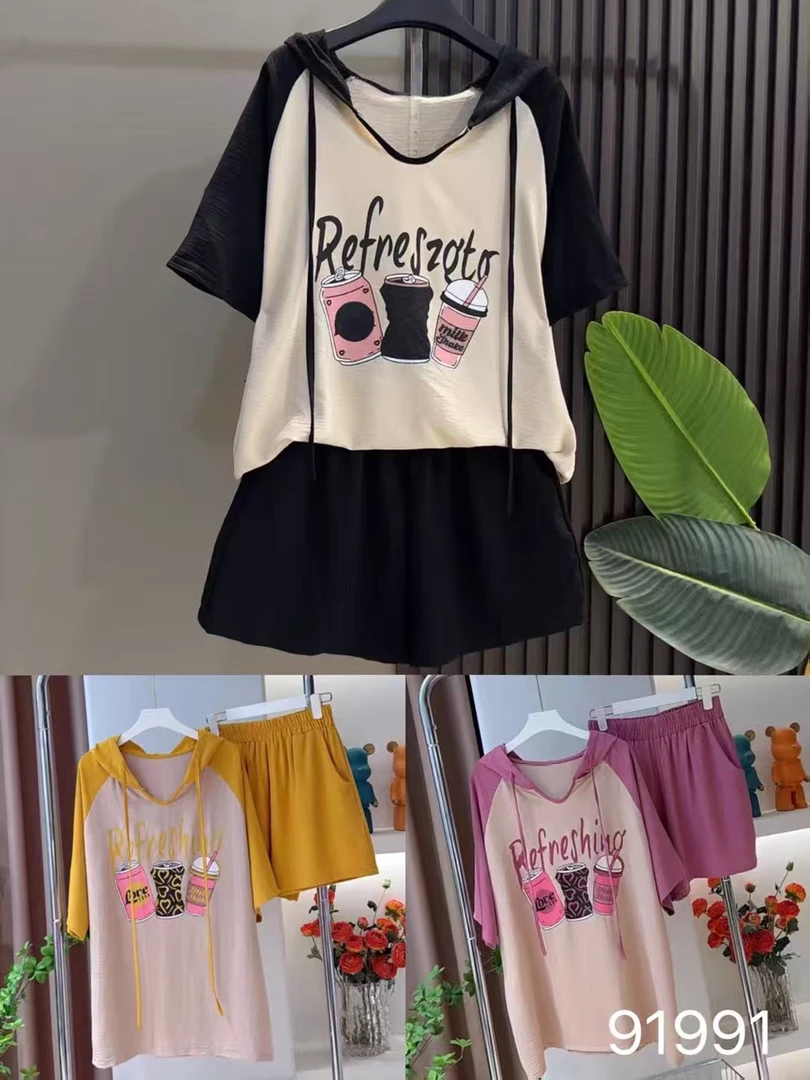 甜美风插肩连帽大码套装女孩短袖宽松遮肉体恤拼接两件套潮91991