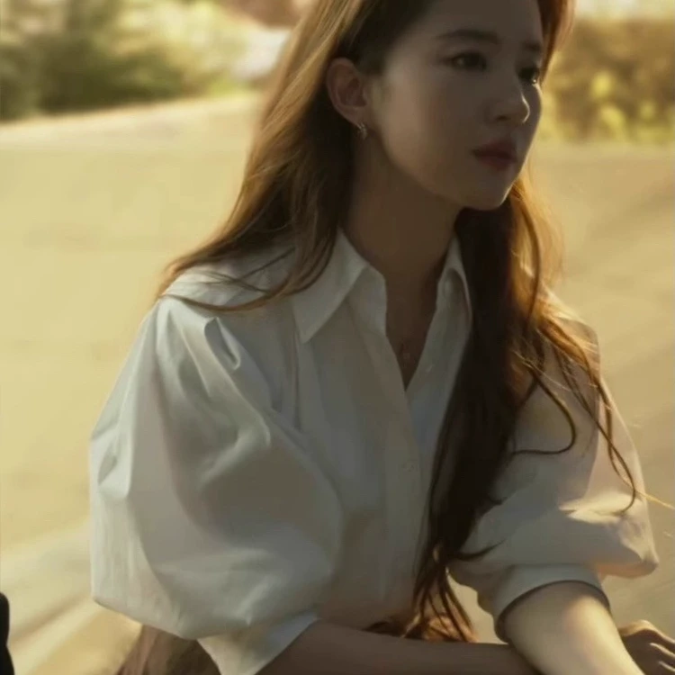 玫瑰的故事黄亦枚刘亦菲同款蓝色泡泡短袖衬衫女装气质上衣白衬衣