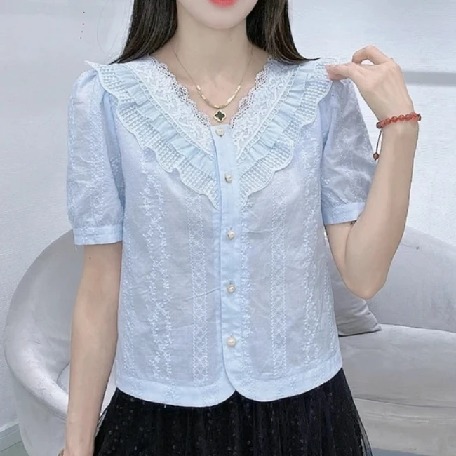 2025夏季新款女装荷叶边V领高品质蕾丝刺绣短袖衬衫气质洋气显瘦