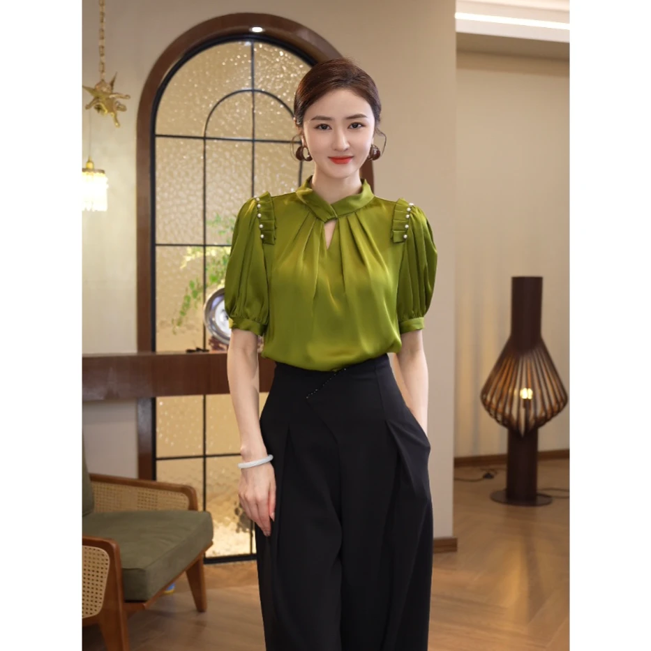 唐熹2025年夏季新款【X24-X38】高级感小众法式气质绿色缎面上衣女