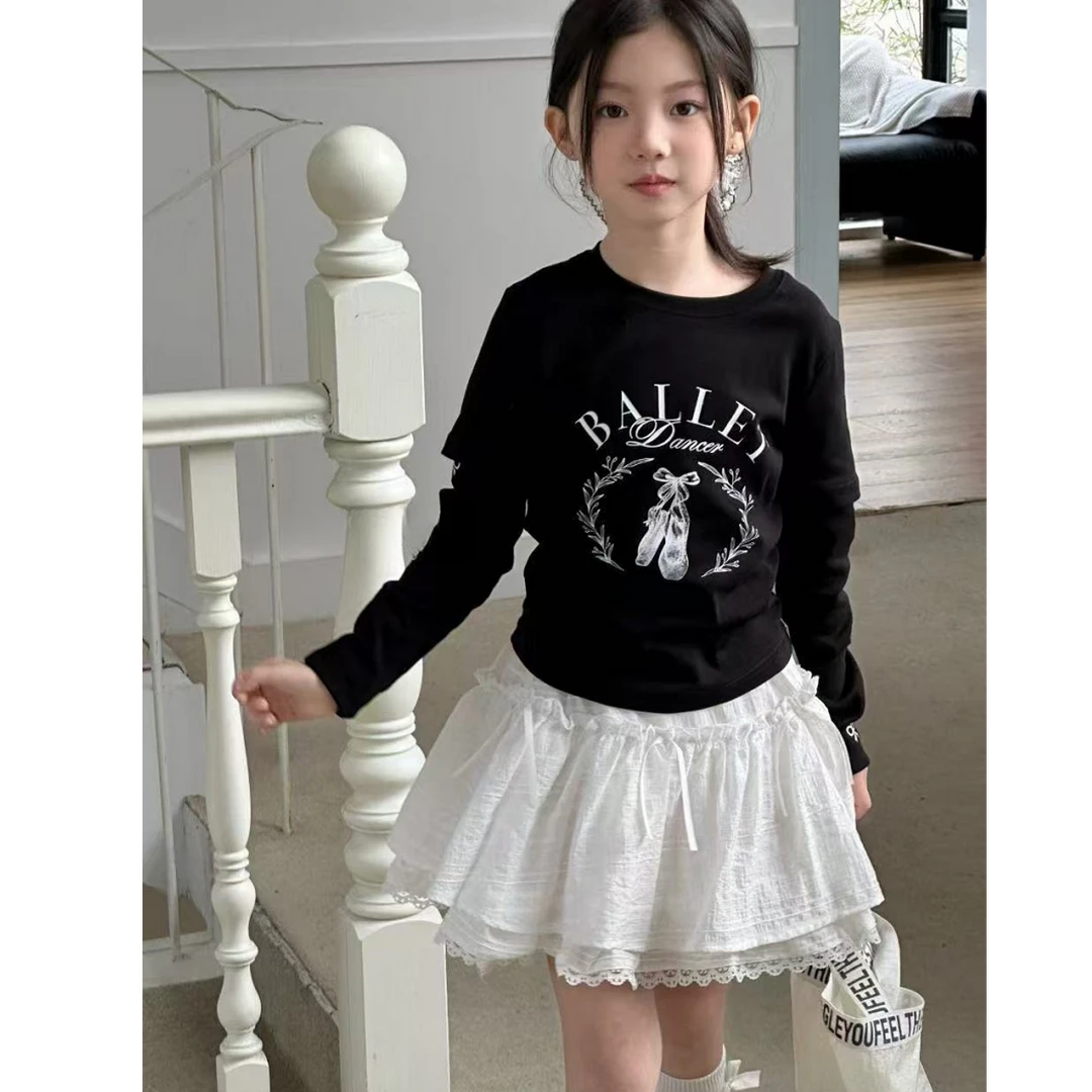 【haobaby】袖蝴蝶结字母假两件长袖T恤5077