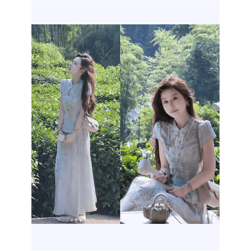 2025年时尚网红新款夏季精致高级感新中式盘扣上衣衫半身裙两件套