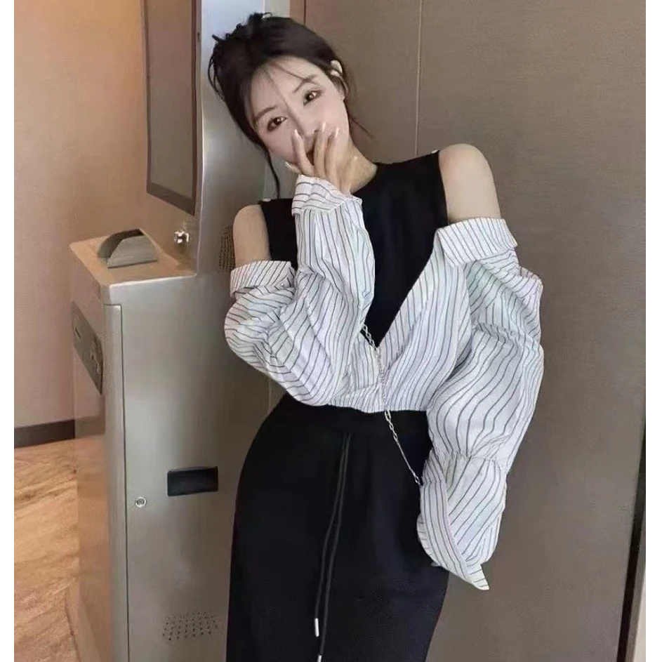 韩版春新款设计感小众露肩上衣