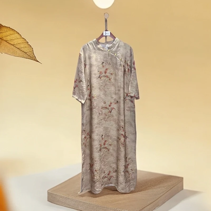 【疏影】大码中袖连衣裙新中式复古改良旗袍中长裙新款女装 031