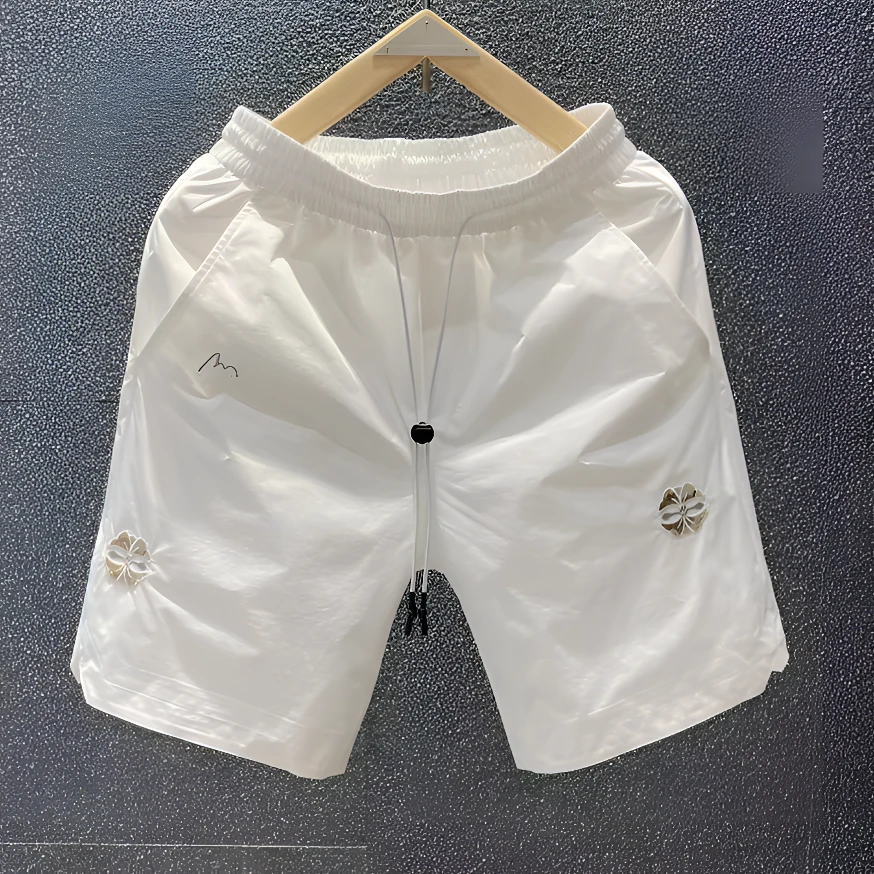 夏季男士白色短裤百搭轻奢简约个性薄款刺绣休闲五分裤男短裤潮牌