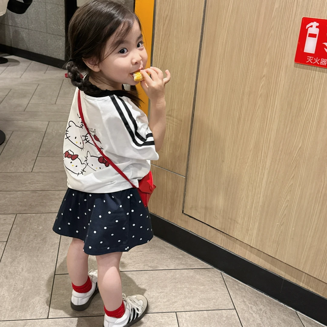 《现货》女童2025年夏季新款五一休闲百搭卡通猫短袖半身裙套装