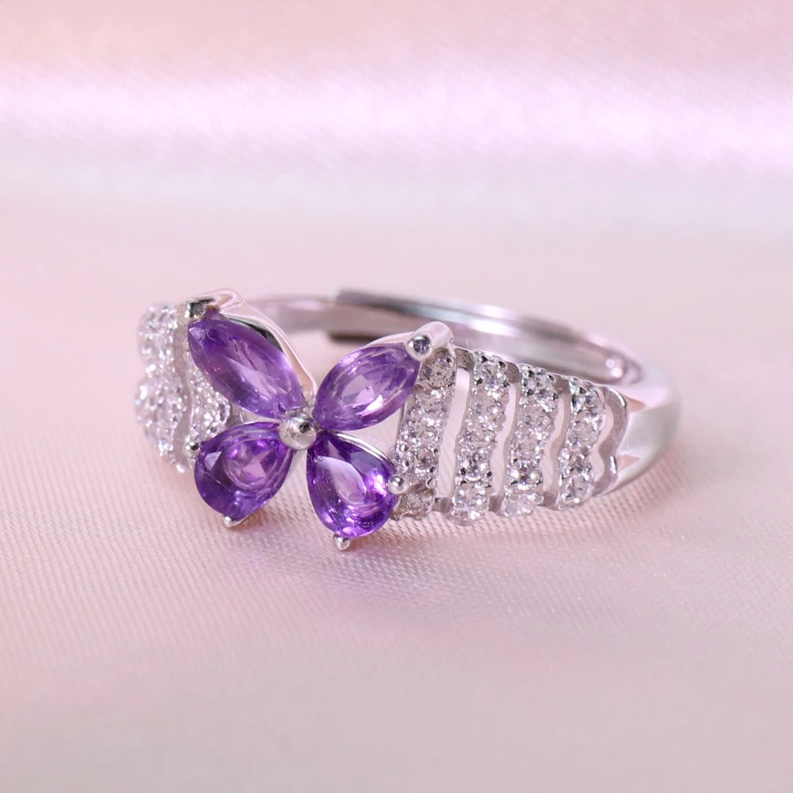 天然紫水晶戒指蝴蝶精致设计感蝶恋系列