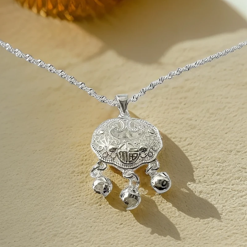 坠链均足银 福字平安锁铃铛项链