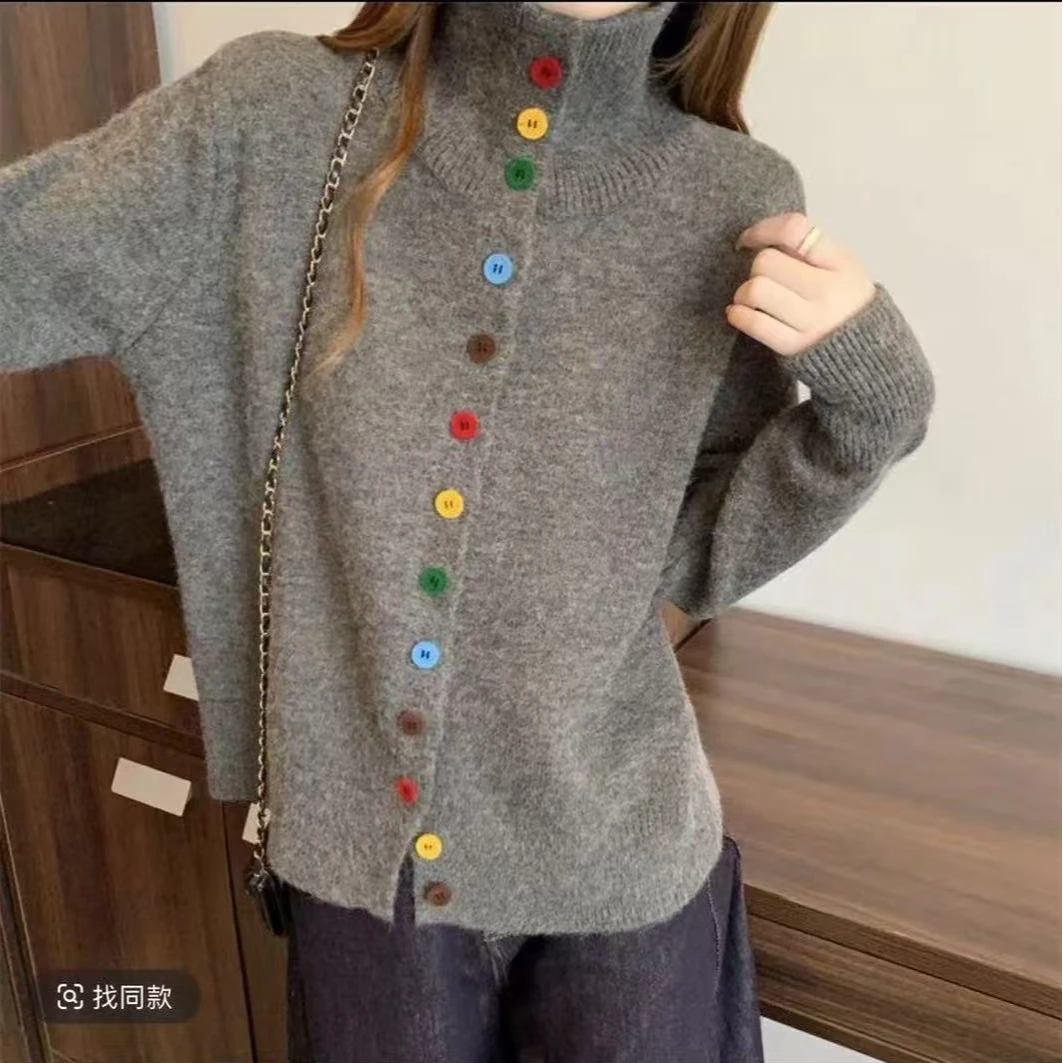 植绒彩扣韩系慵懒风高领毛衣2025冬季新款宽松显瘦针织开衫02L