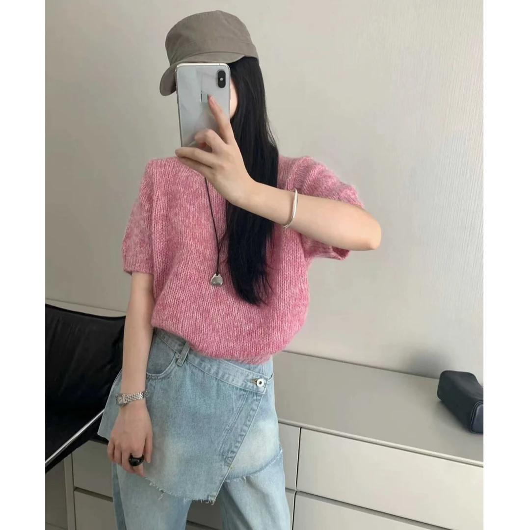 【情感家】短袖圆领秋新款宽松韩版设计感针织衫毛衣女