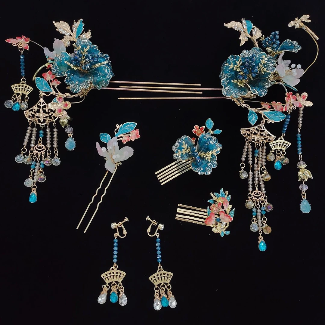 合金婚庆饰品 新款蓝色精致重工中式新娘饰品爆款234