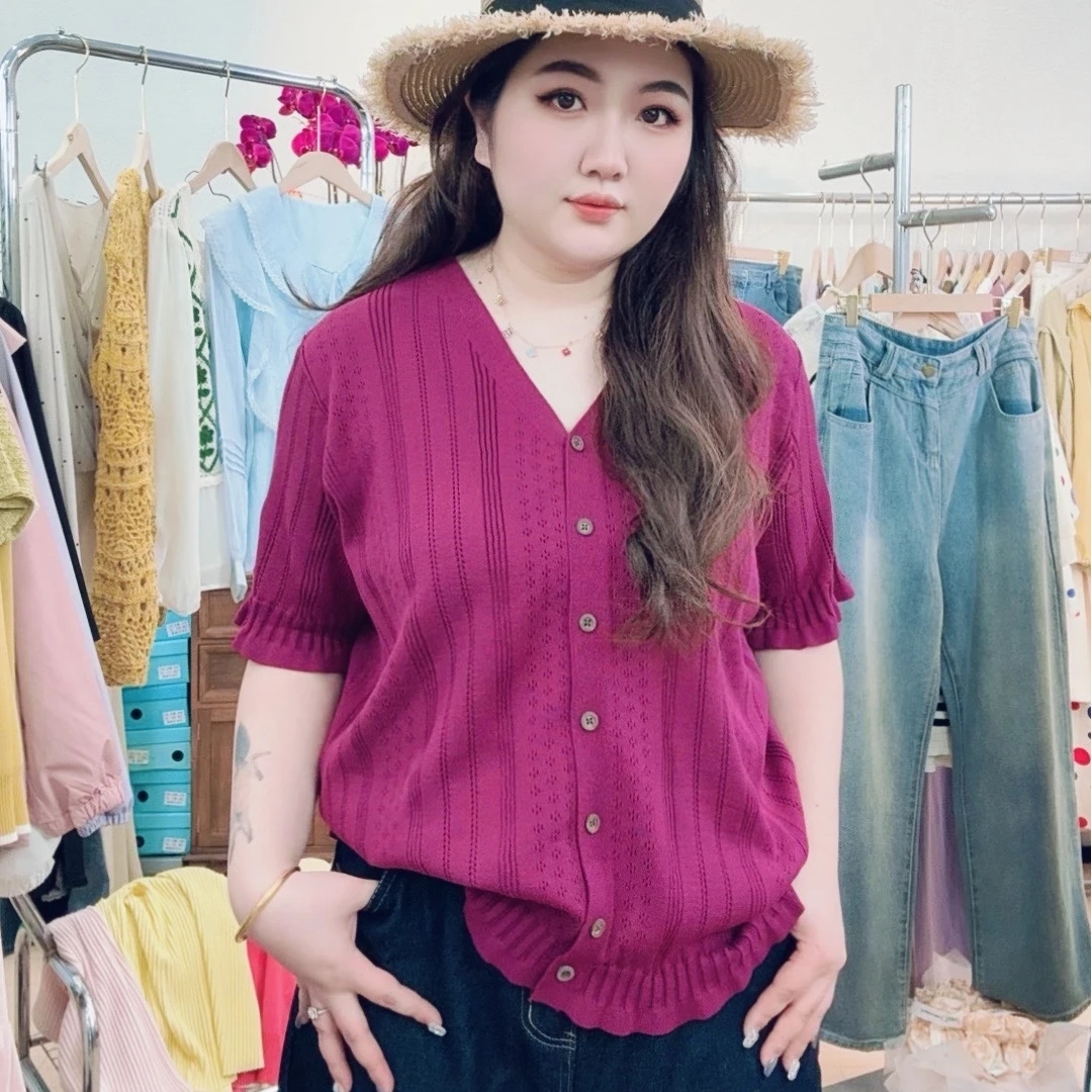 大码洋气显瘦时尚荷叶边胖mm镂空开衫气质百搭宽松女短袖针织衫