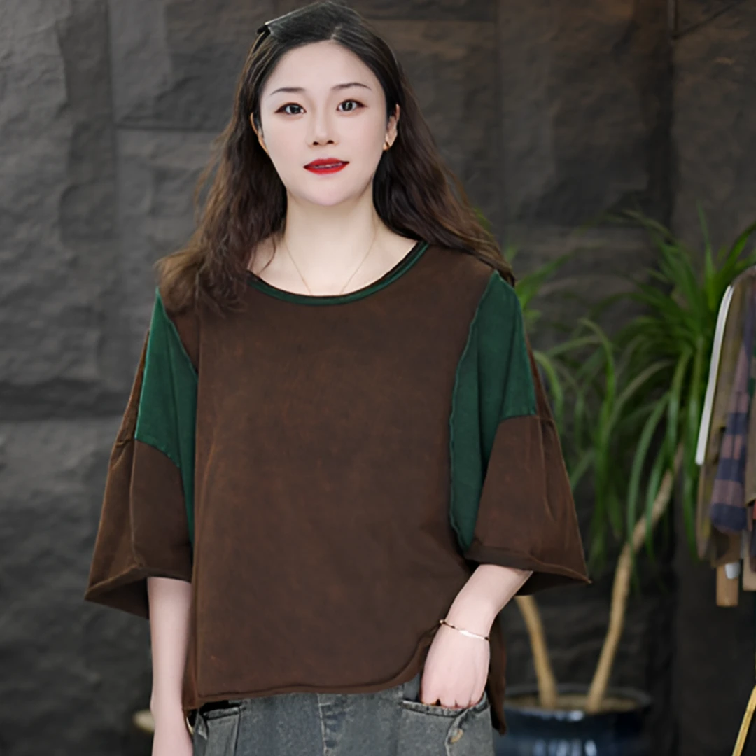 GG复古做旧撞色短袖中长款T恤老布女夏款洋气