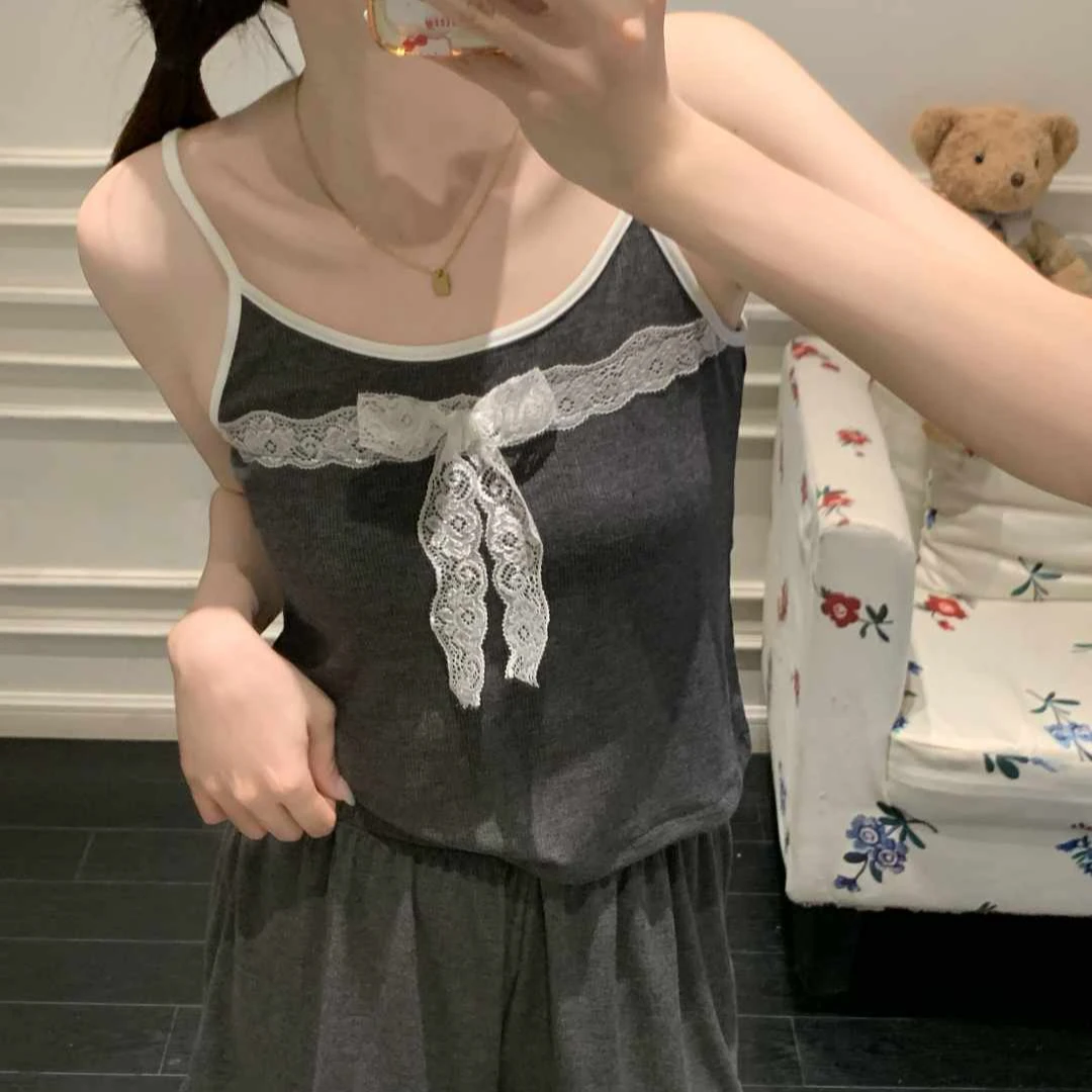 爆款韩版甜美风吊带睡衣女款夏季新款蕾丝蝴蝶结高级感家居服套装