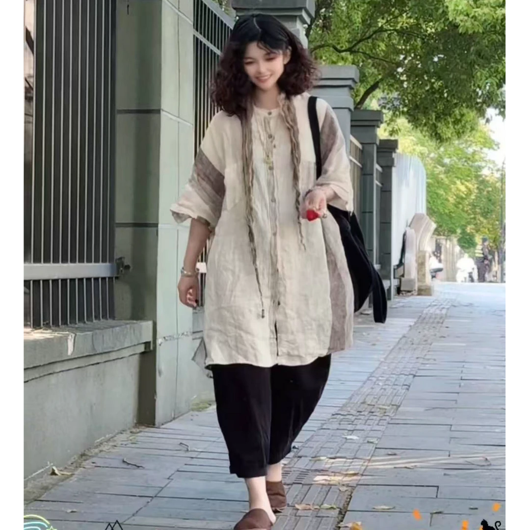 【若汐女装】欧版夏季日系宽松透气立领设计款条纹短袖衬衫22158