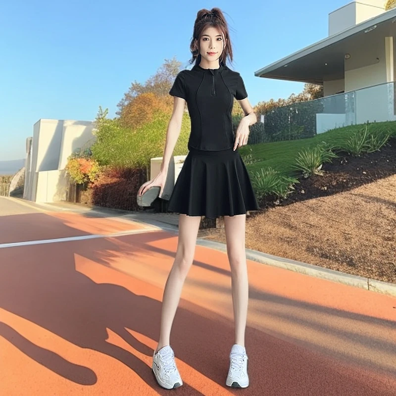 防走光小个子羽2025夏季速干套装网球防时尚洋气短裙百褶晨跑女